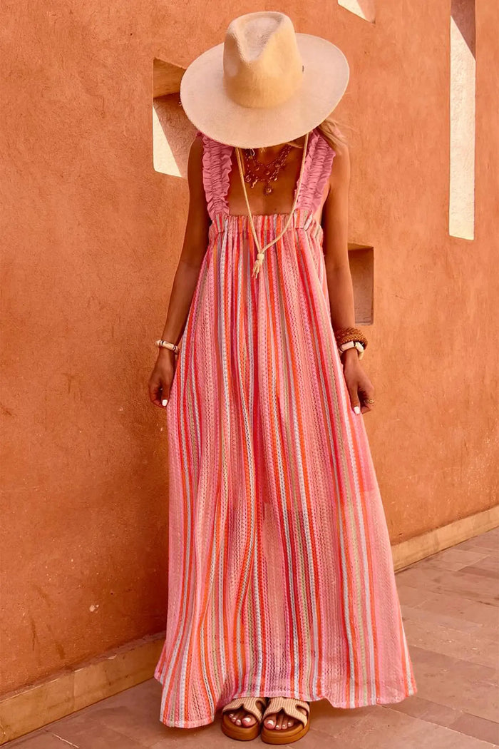 Stripe Ruffled Straps Ribbon Knot Flowy Holiday Maxi Dress