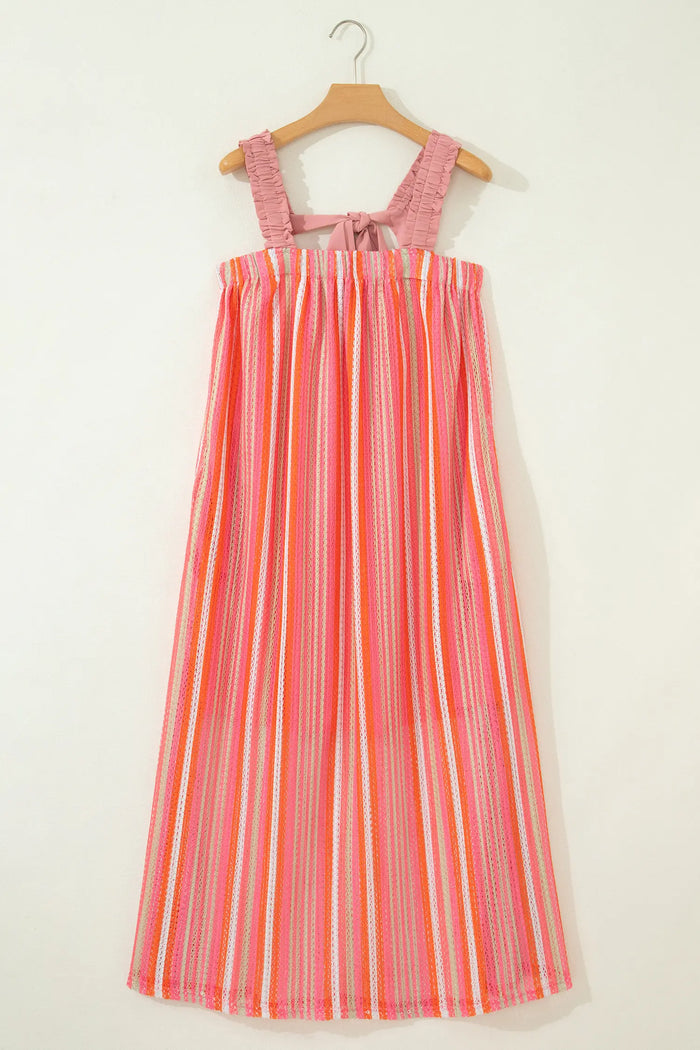 Stripe Ruffled Straps Ribbon Knot Flowy Holiday Maxi Dress
