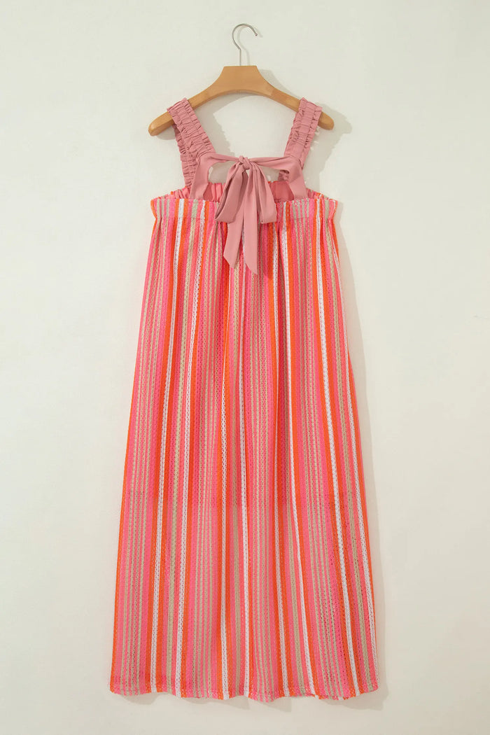 Stripe Ruffled Straps Ribbon Knot Flowy Holiday Maxi Dress