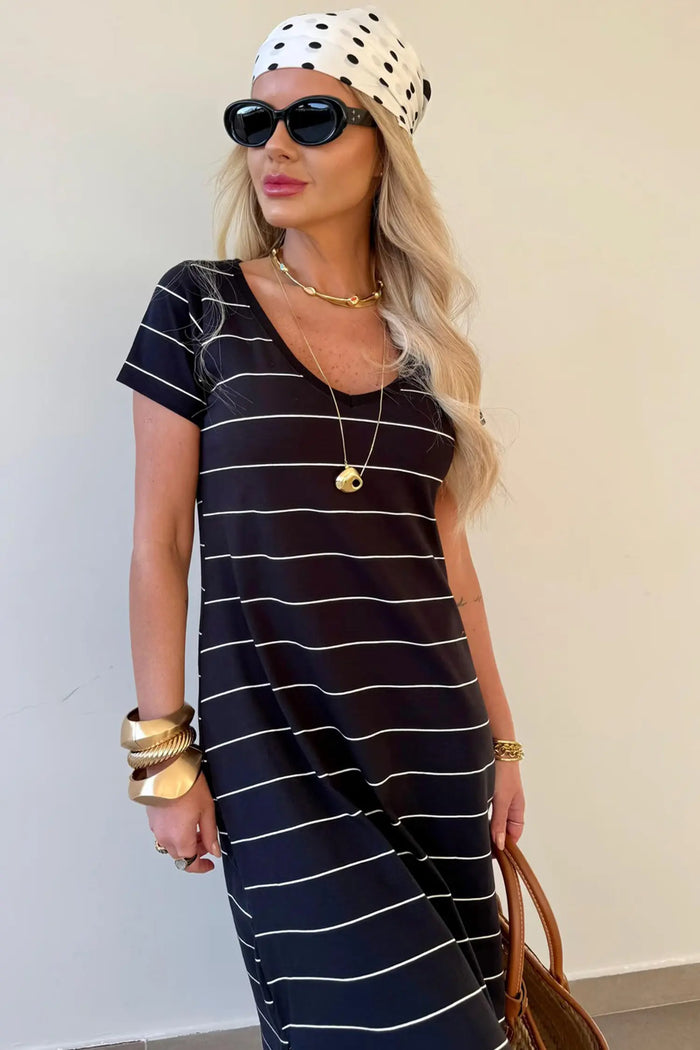 Stripe Side Slit Maxi T-Shirt Dress – Short Sleeve