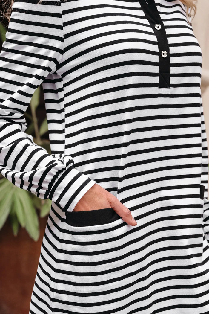 Striped Buttoned Front Collared Long Sleeve T Shirt Dress with Pockets - Dresses/Mini Dresses