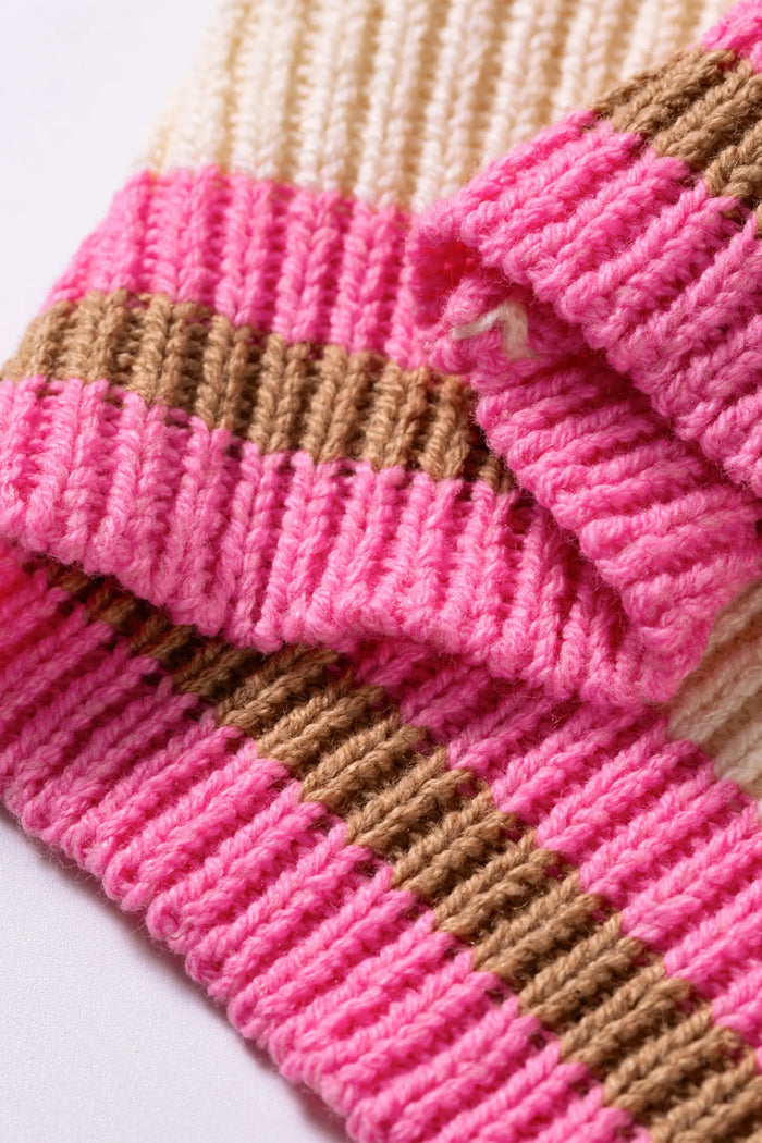Striped Colorblock Texture Drop Shoulder Sweater – Pink Stripe