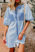 Striped Colour Block Patchwork Shirt Collar Button Down Puff Sleeve Mini Dress