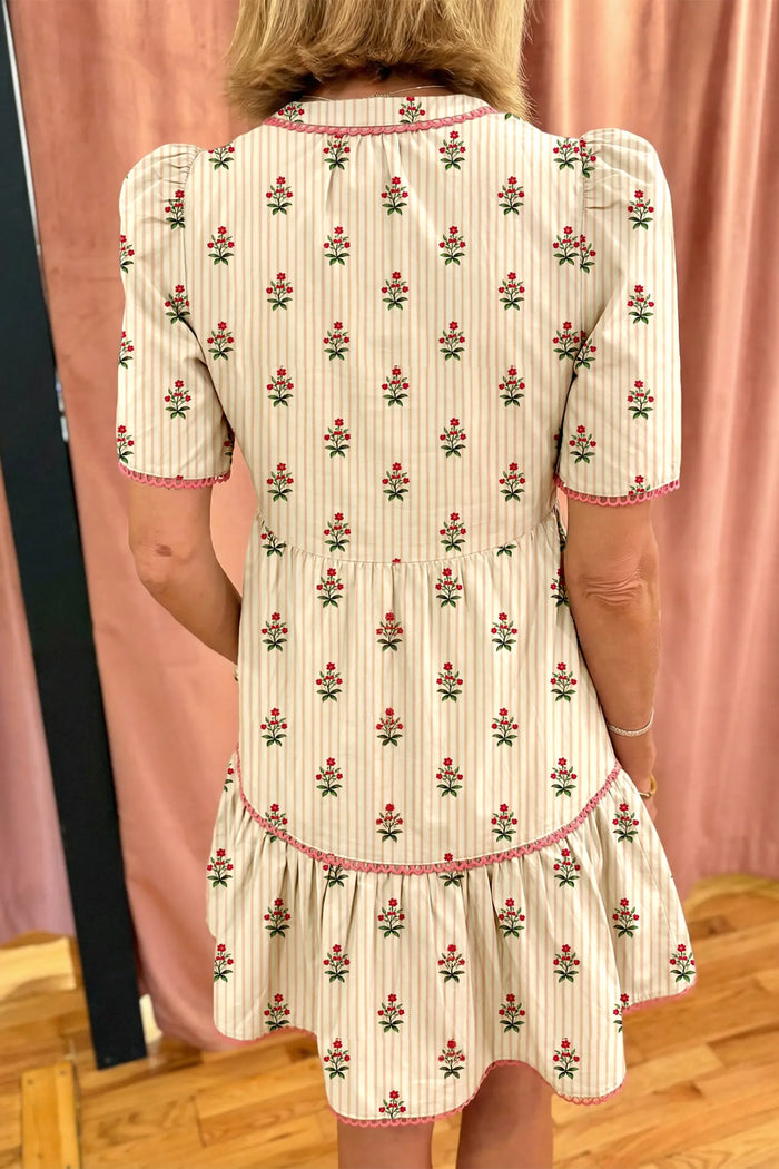 Striped Floral Print Contrast Detail Ruffle Hem Short Dress