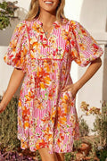 Striped Floral Print Tie Neck Puff Sleeve Babydoll Mini Dress