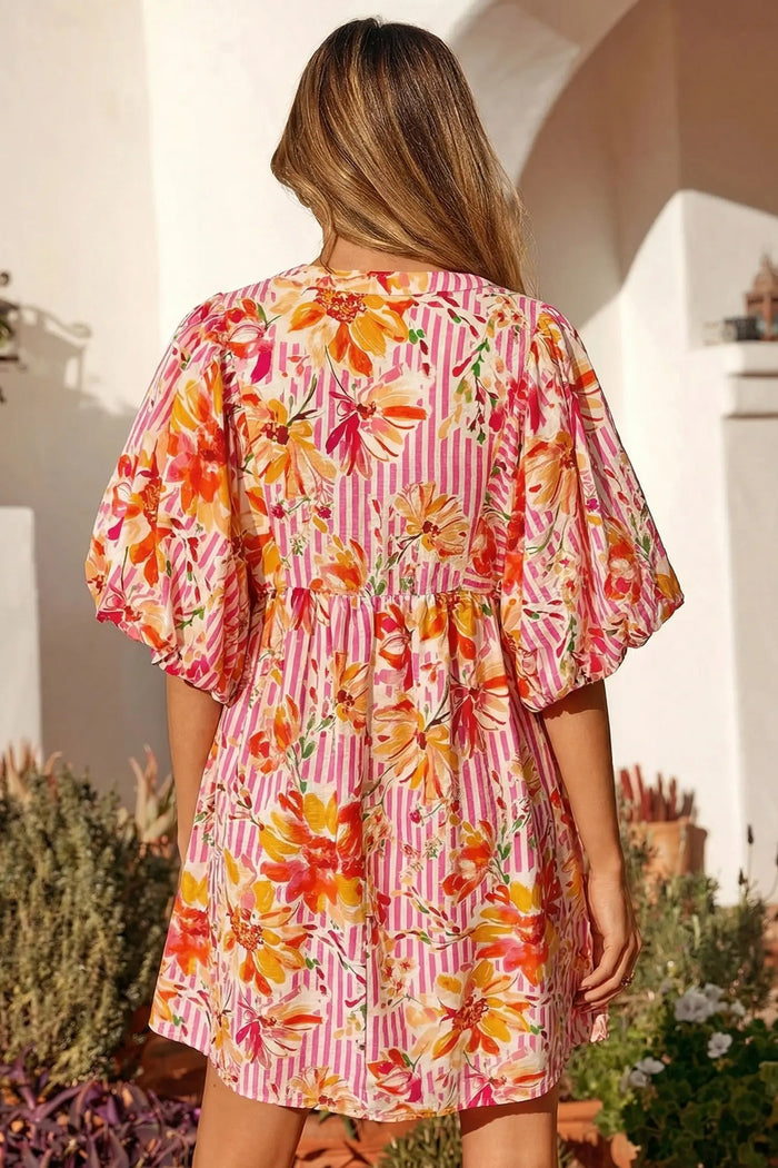 Striped Floral Print Tie Neck Puff Sleeve Babydoll Mini Dress