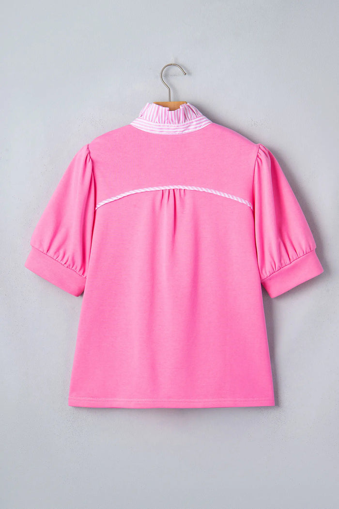 Striped Frilled Collar Short Sleeve Blouse