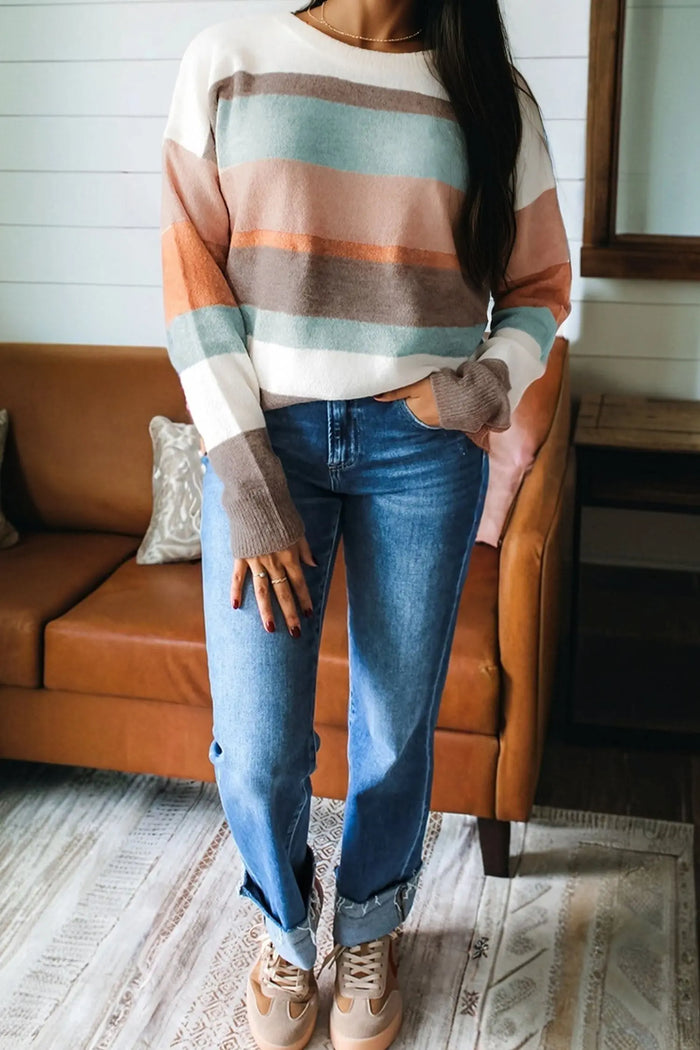 Striped Knit Drop Shoulder Sweater - Sweaters & Cardigans/Sweaters