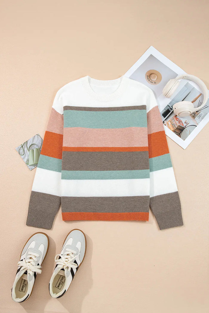 Striped Knit Drop Shoulder Sweater - Sweaters & Cardigans/Sweaters