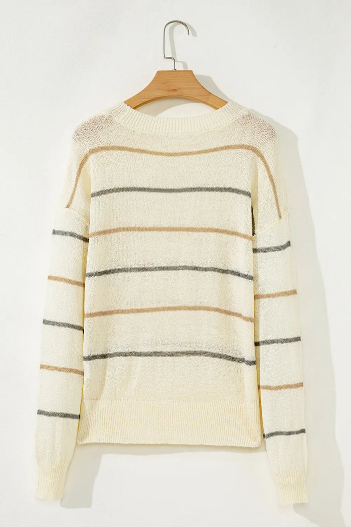 Striped Ribbed Edge Drop Shoulder Sweater - Sweaters & Cardigans/Sweaters