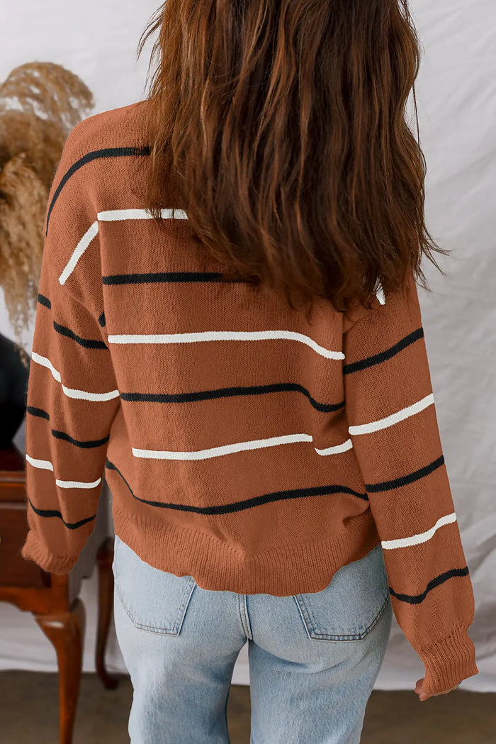 Striped Ribbed Edge Drop Shoulder Sweater - Sweaters & Cardigans/Sweaters