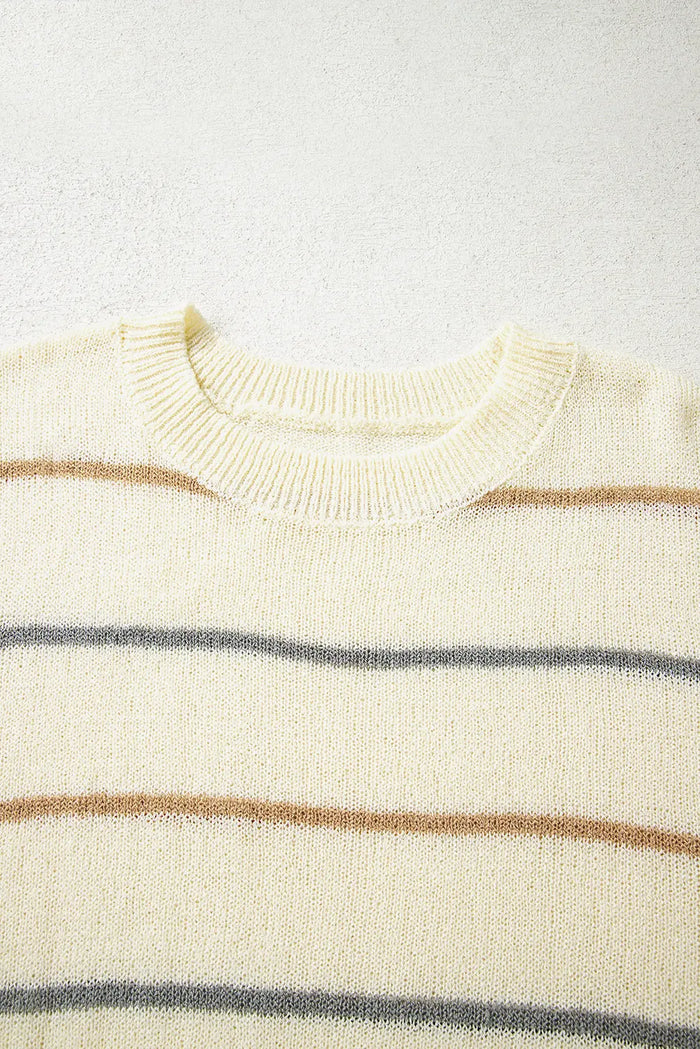 Striped Ribbed Edge Drop Shoulder Sweater - Sweaters & Cardigans/Sweaters