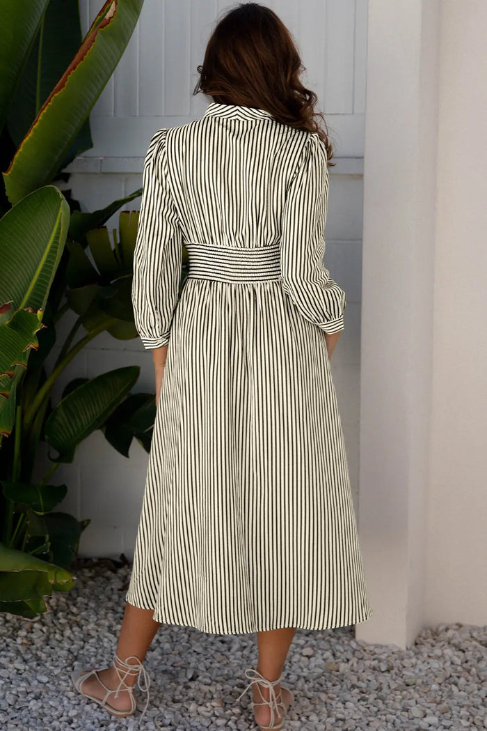 Striped V-Neck Zip Front Midi Dress - Dresses/Midi Dresses