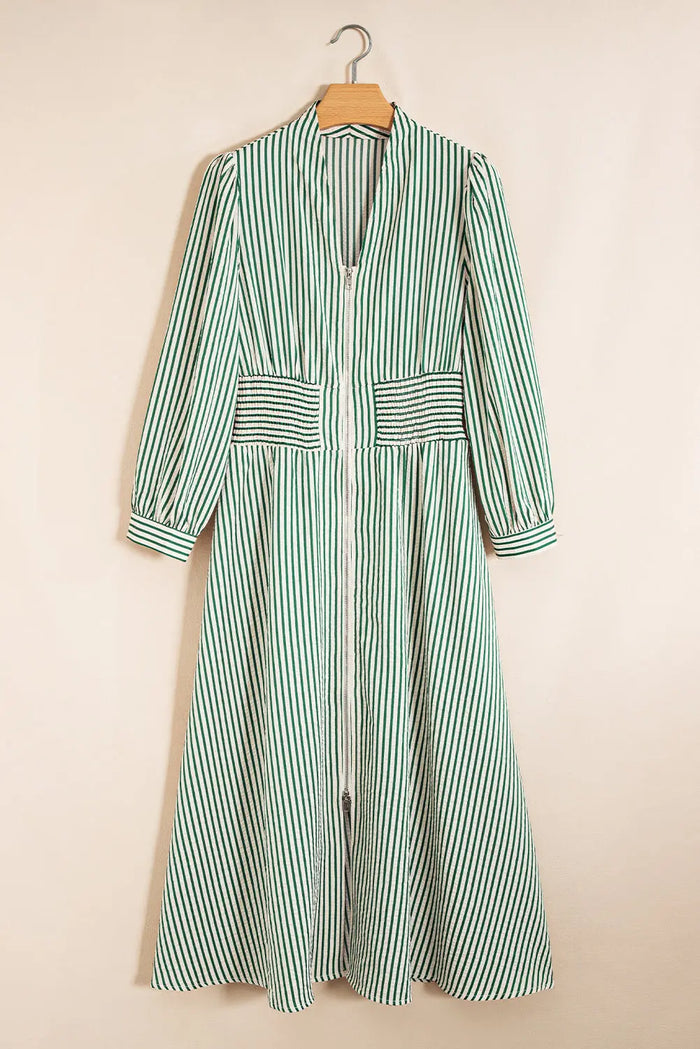 Striped V-Neck Zip Front Midi Dress - Dresses/Midi Dresses