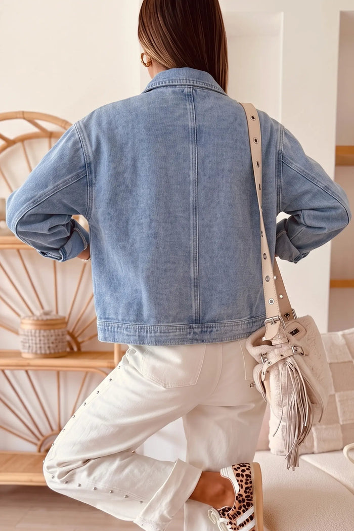 Studded Metal Zipper Rivet Pockets Long Sleeve Denim Jacket – Beau Blue