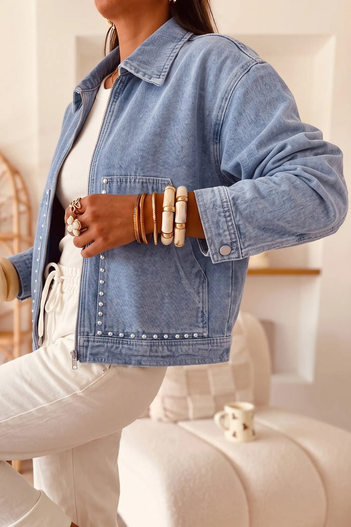 Studded Metal Zipper Rivet Pockets Long Sleeve Denim Jacket – Beau Blue
