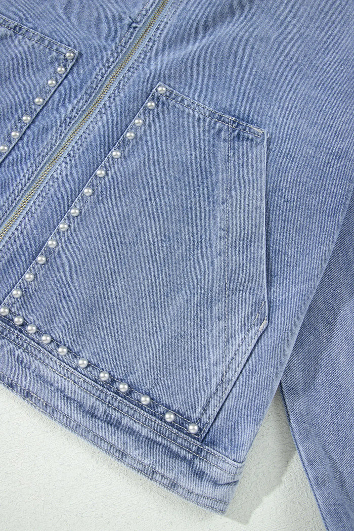 Studded Metal Zipper Rivet Pockets Long Sleeve Denim Jacket – Beau Blue