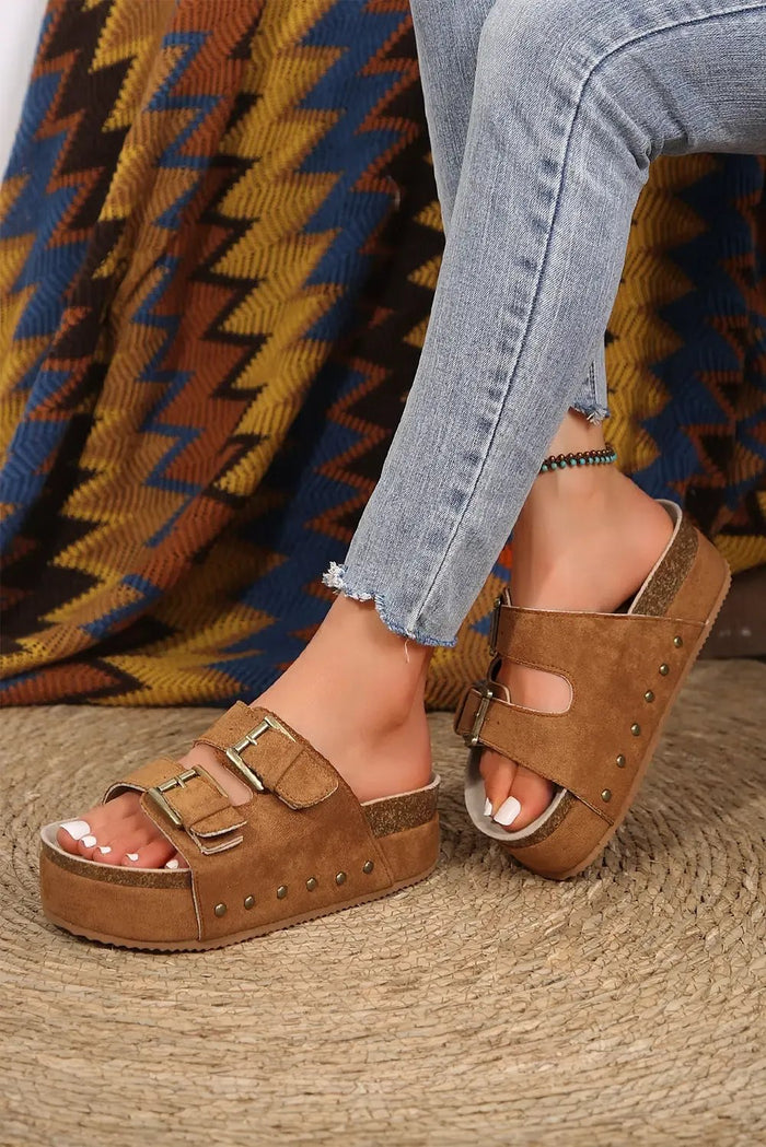 Suede Buckle Decor Corky Platform Sandals - Shoes/Sandals