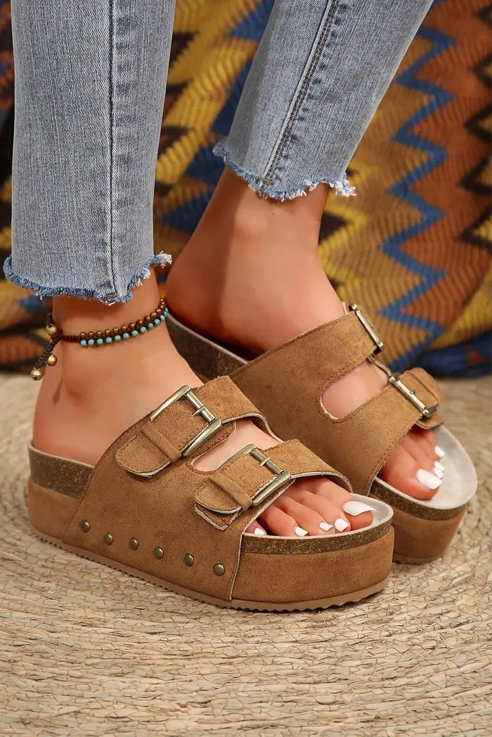 Suede Buckle Decor Corky Platform Sandals - Shoes/Sandals