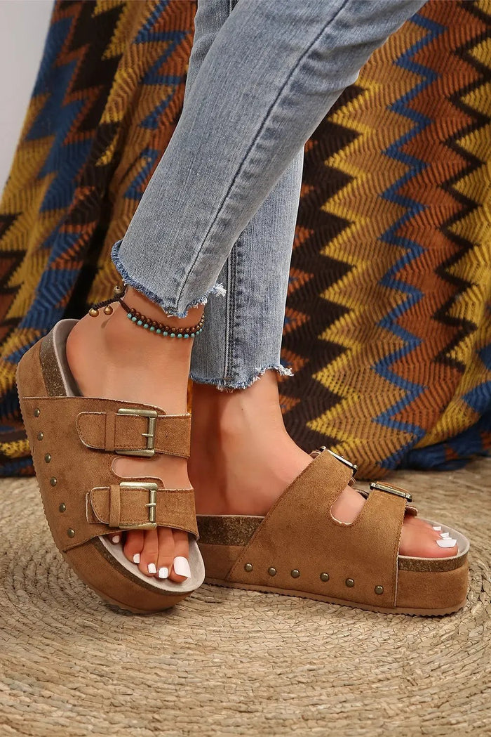Suede Buckle Decor Corky Platform Sandals - Shoes/Sandals