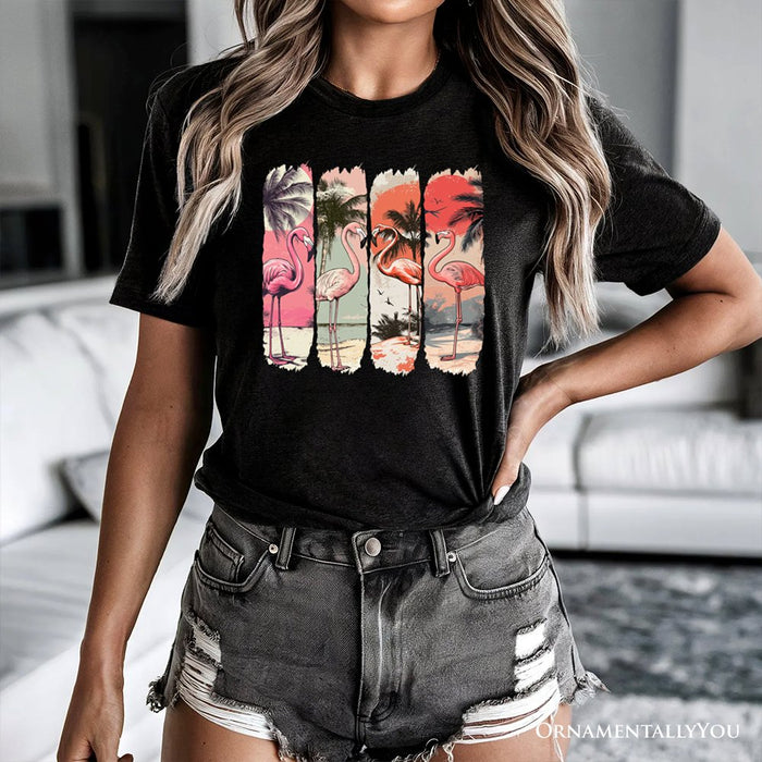 Summer Flamingo Beach T-Shirt, Retro Vacation Black Tropical Sunset Tee T-Shirts OrnamentallyYou
