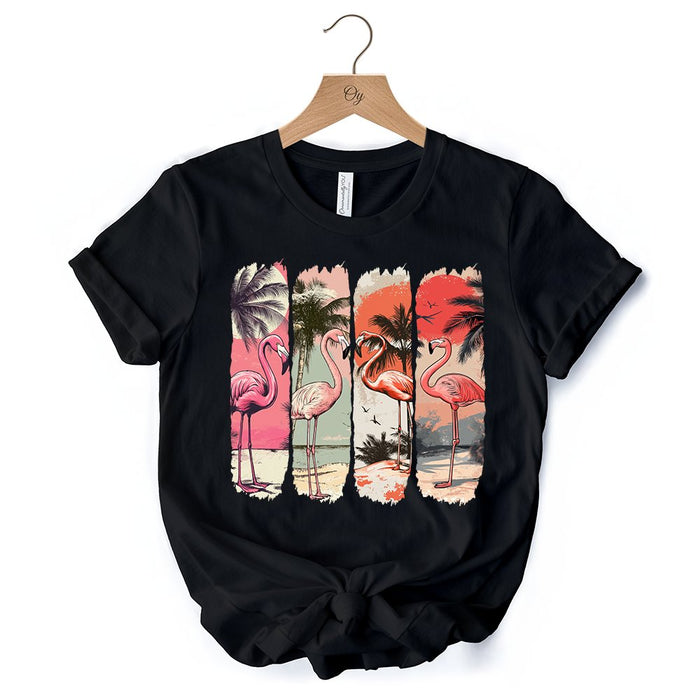 Summer Flamingo Beach T-Shirt, Retro Vacation Black Tropical Sunset Tee T-Shirts OrnamentallyYou