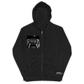 Black zip-up hoodie by OTTTO in premium Gildan Softstyle, featuring a white ortta logo near the hem and a black-and-white industrial print on the chest. Includes front zipper and drawstring hood. Available now for presale.