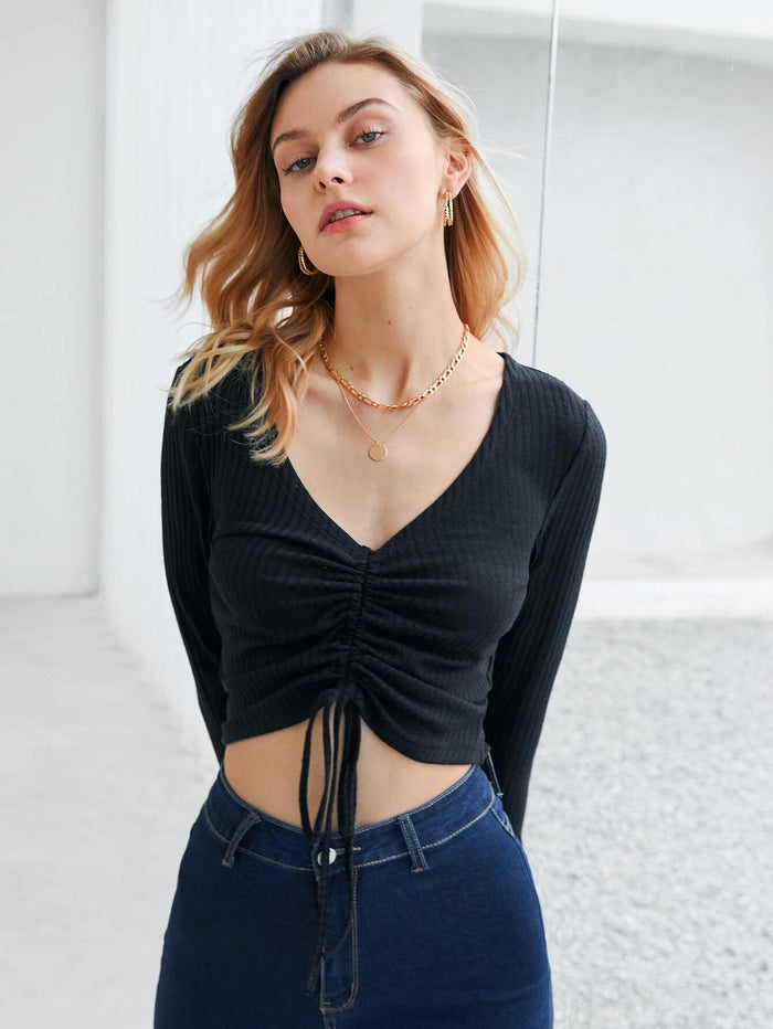 SXV Front Drawstring Rib Knit Full sleeves Top