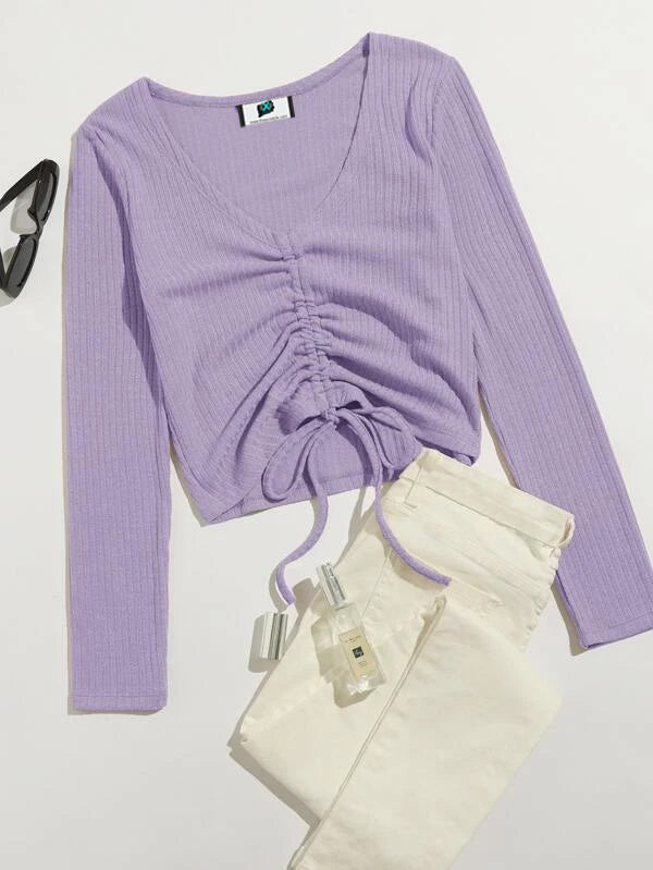 SXV Front Drawstring Rib Knit Full sleeves Top