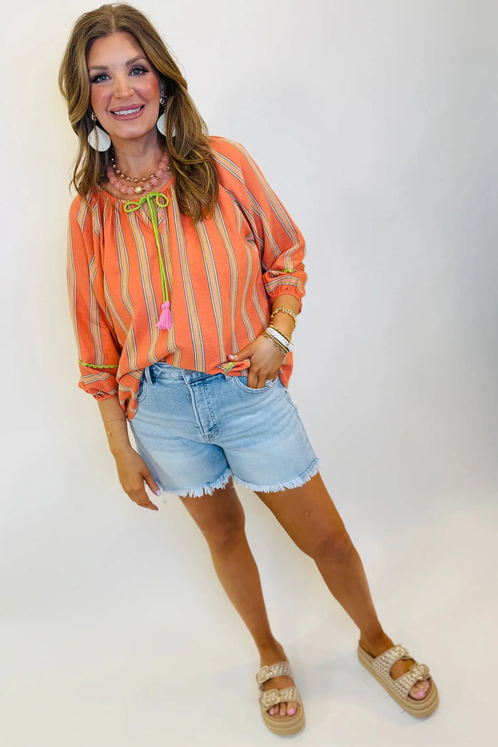 Tassel Tie Neck Bracelet Sleeve Cotton Blouse – Orange Stripe