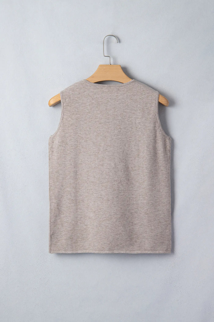 Taupe Metallic Star Detail V-Neck Sweater Knit Tank Top