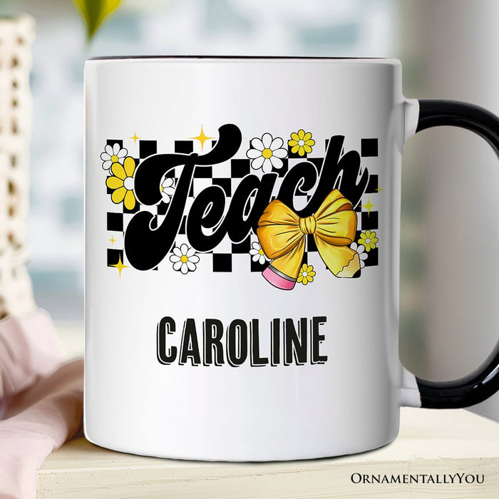 Teach Checkered Coquette Bow Personalized Mug, Retro Gift for Trendy Teachers with Custom Name Personalized Ceramic Mug OrnamentallyYou White - Black Customized