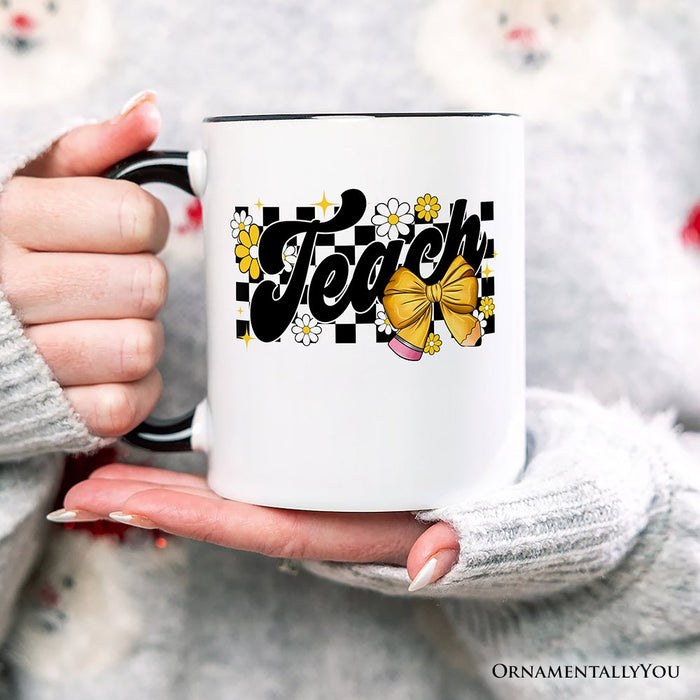 Teach Checkered Coquette Bow Personalized Mug, Retro Gift for Trendy Teachers with Custom Name Personalized Ceramic Mug OrnamentallyYou