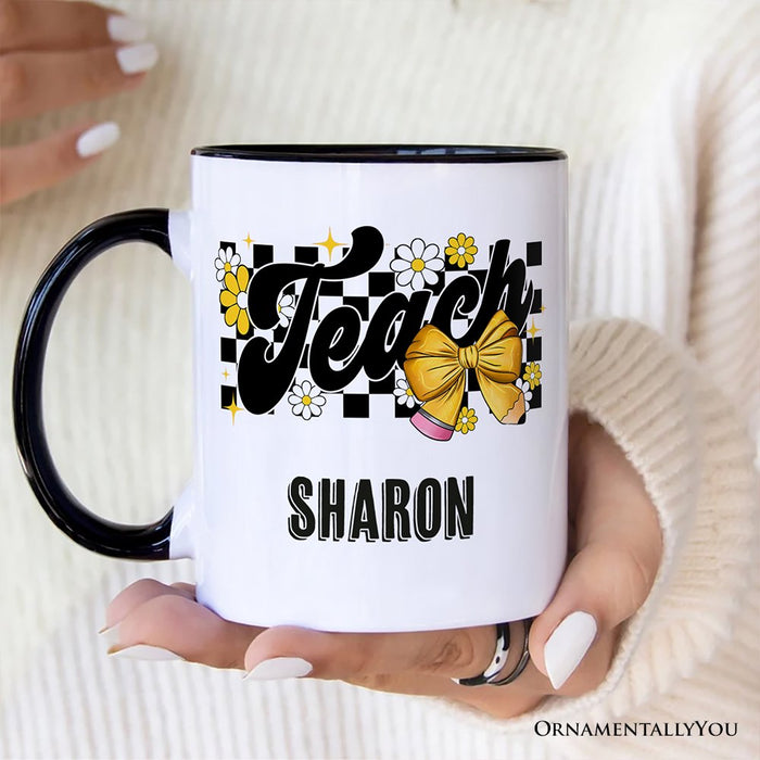 Teach Checkered Coquette Bow Personalized Mug, Retro Gift for Trendy Teachers with Custom Name Personalized Ceramic Mug OrnamentallyYou