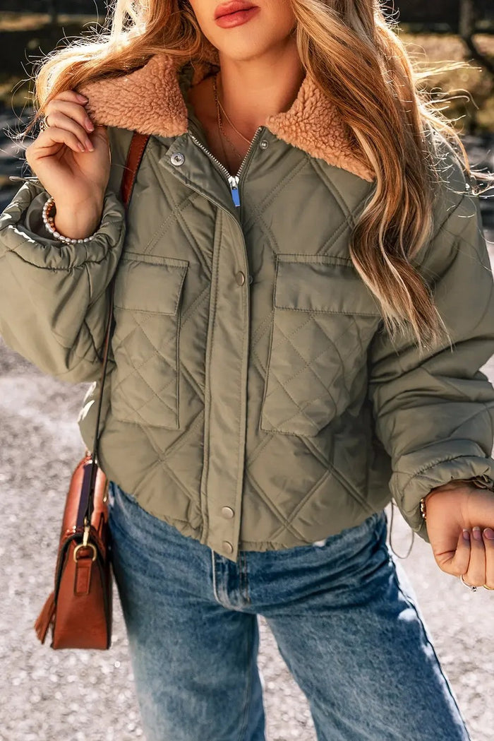Shop Teddy Collar Flap Pockets Quilted Puffer Jacket at eAura