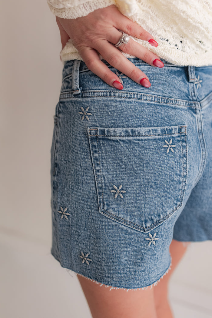 The Daisy Embroidered Denim Shorts - One Eleven Olive Boutique