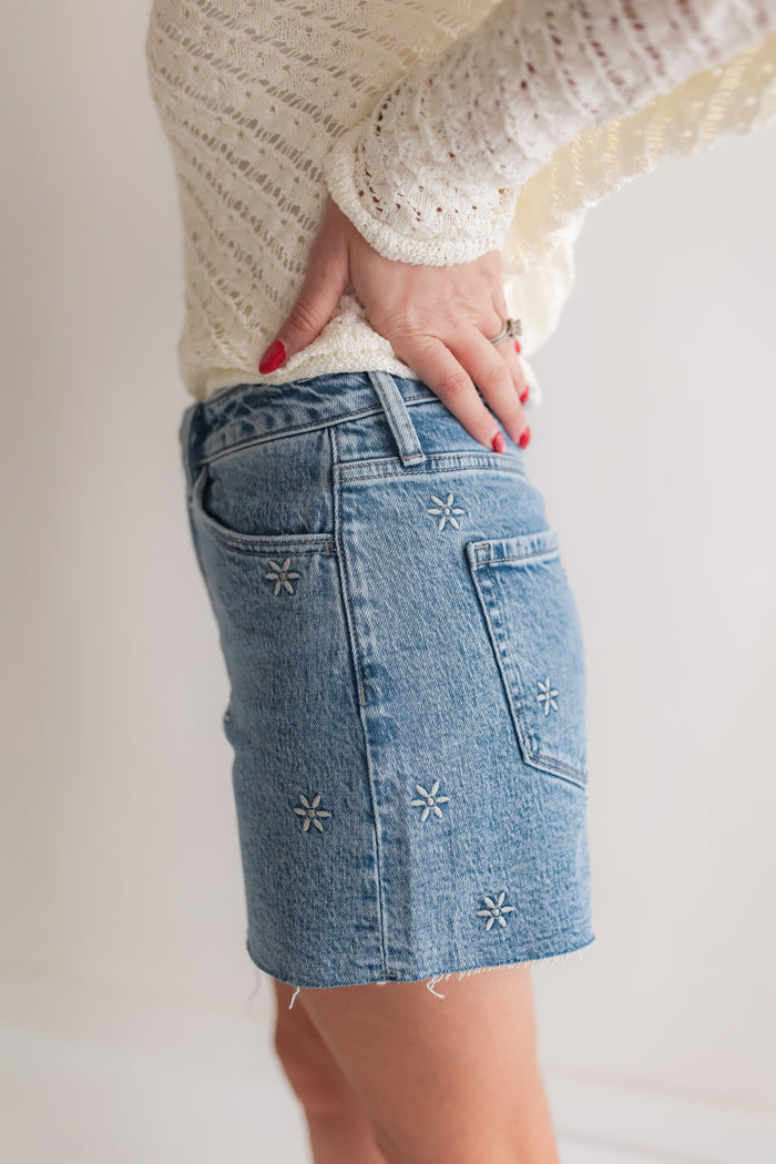 The Daisy Embroidered Denim Shorts - One Eleven Olive Boutique