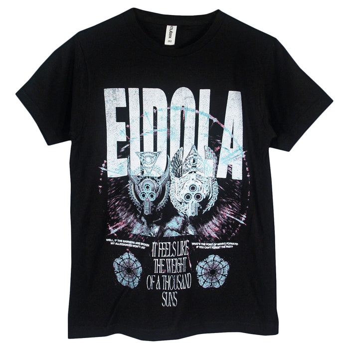 Black Eidola T-shirt with EIDOLA in bold white letters, geometric graphic, and 2026 Eviscerate Mend Tour text: “It feels like the weight of a thousand suns.”.