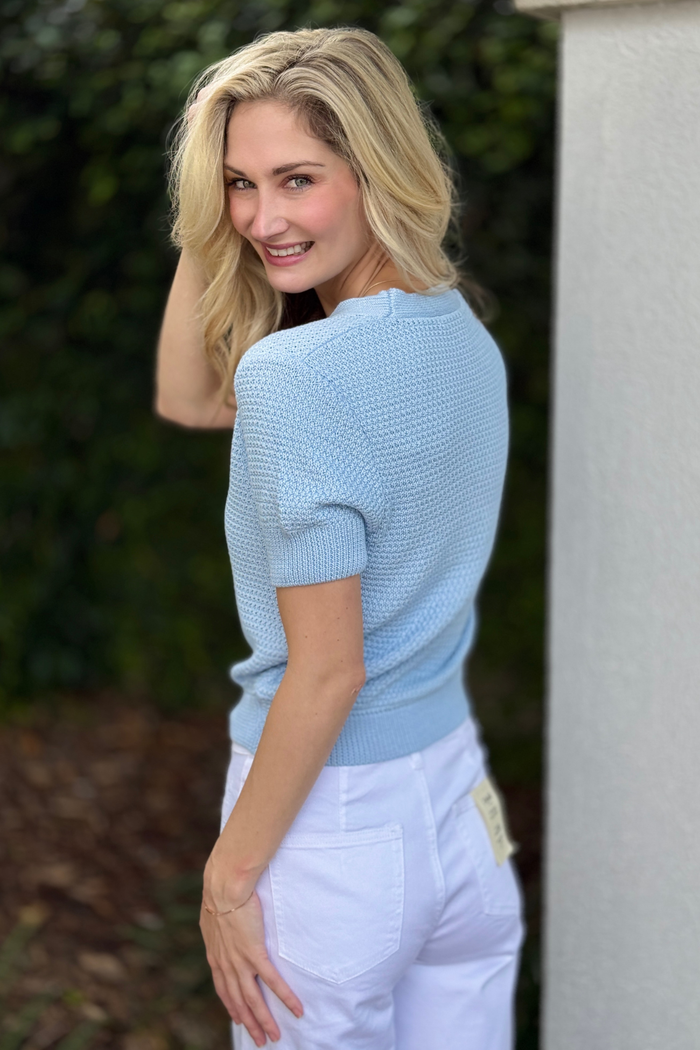 Coastal grandmother style sweater top in blue