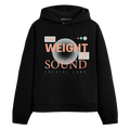 A black Crystal Lake hoodie with a front pocket features THE WEIGHT OF SOUND text, bold fonts, geometric shapes, and a textured circle in light gray, peach, and mint—perfect for fans of custom apparel.