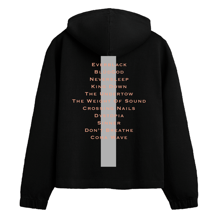 A Crystal Lake black hooded sweatshirt featuring a vertical gray back stripe with orange song titles like Everblack, Bloodgod, Never Sleep, King Down, The Undertow, and The Weight of Sound printed over it.