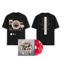 A Crystal Lake black t-shirt featuring "THE WEIGHT OF SOUND" text on the front and song list on back, shown with a red CD and abstract, mechanical-themed album cover.