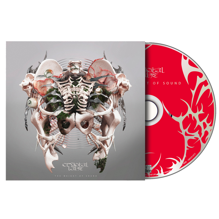 A Crystal Lake CD case features surreal album art with a symmetrical pattern of bones, skulls, and organic shapes on a gray background; the red CD displays white abstract designs.