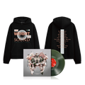 A black Crystal Lake hoodie with "The Weight of Sound" and a moon graphic on the front, song titles on the back, plus a green vinyl record and album cover featuring abstract art.