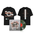 A black Crystal Lake t-shirt with "The Weight of Sound" and song titles, paired with a translucent green vinyl and its cover showing an abstract skeleton with floral design.
