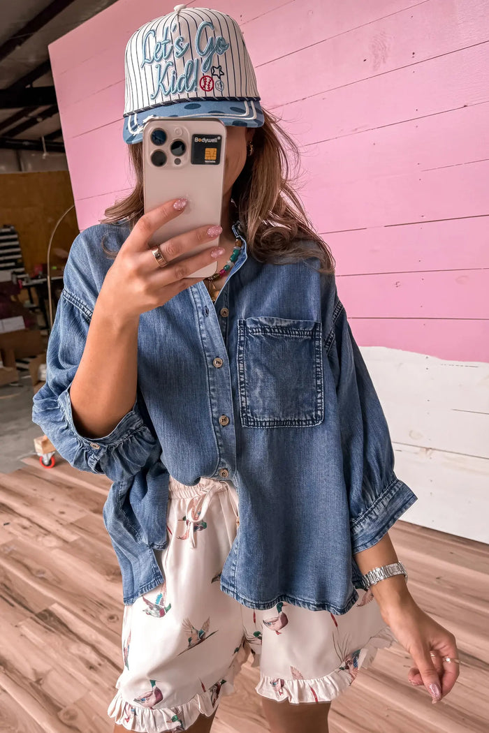 Three Quarter Sleeve Button Front Loose Denim Shirt – Dusk Blue