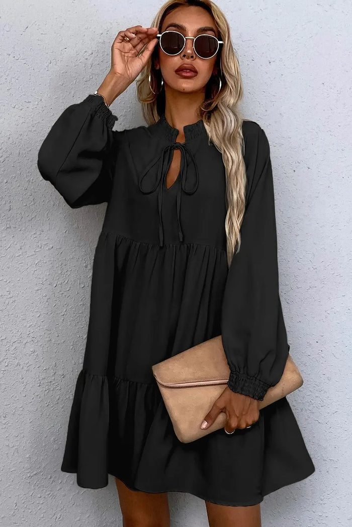 Tie Split Neck Smocked Detail Long Puff Sleeve Ruffle Hem Loose Dress - Dresses/Mini Dresses