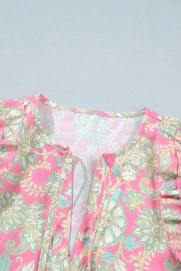 Tie V Neck Floral Short Puff Sleeve Blouse – Pink