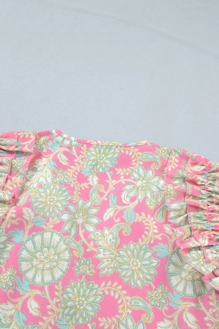 Tie V Neck Floral Short Puff Sleeve Blouse – Pink