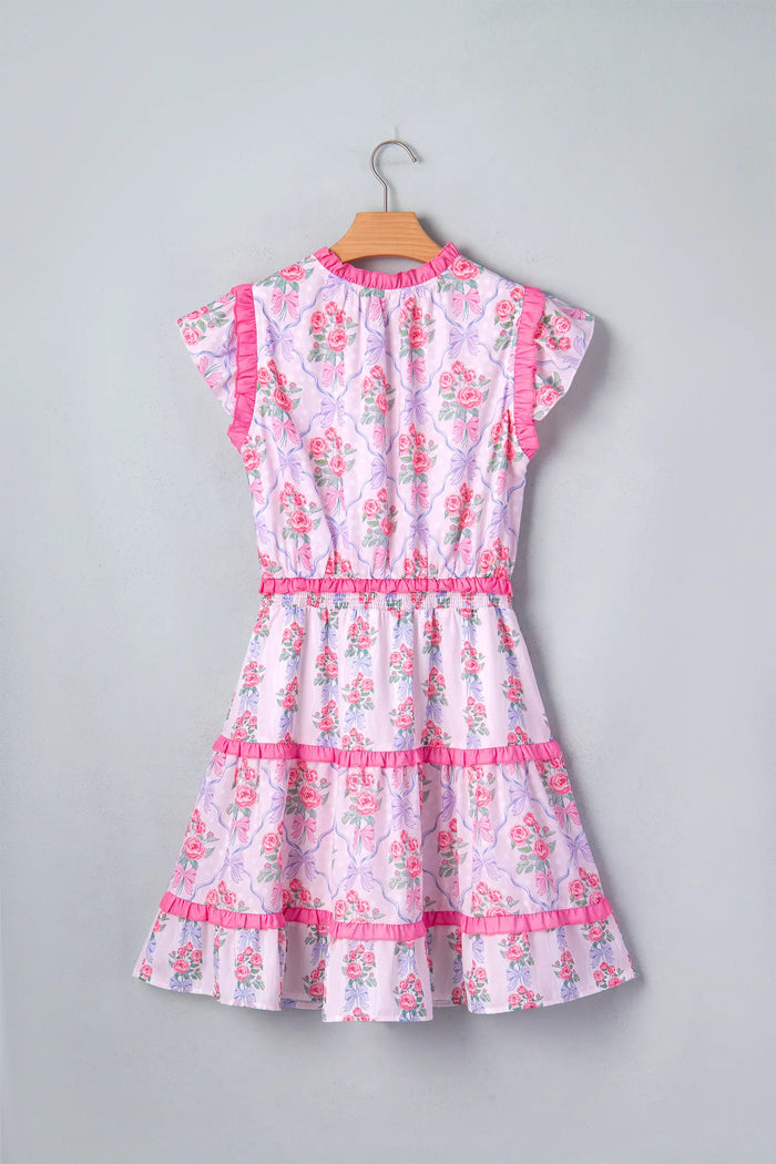 Tiered Ruffle Floral Print Shirred Waist Sleeveless Mini Dress